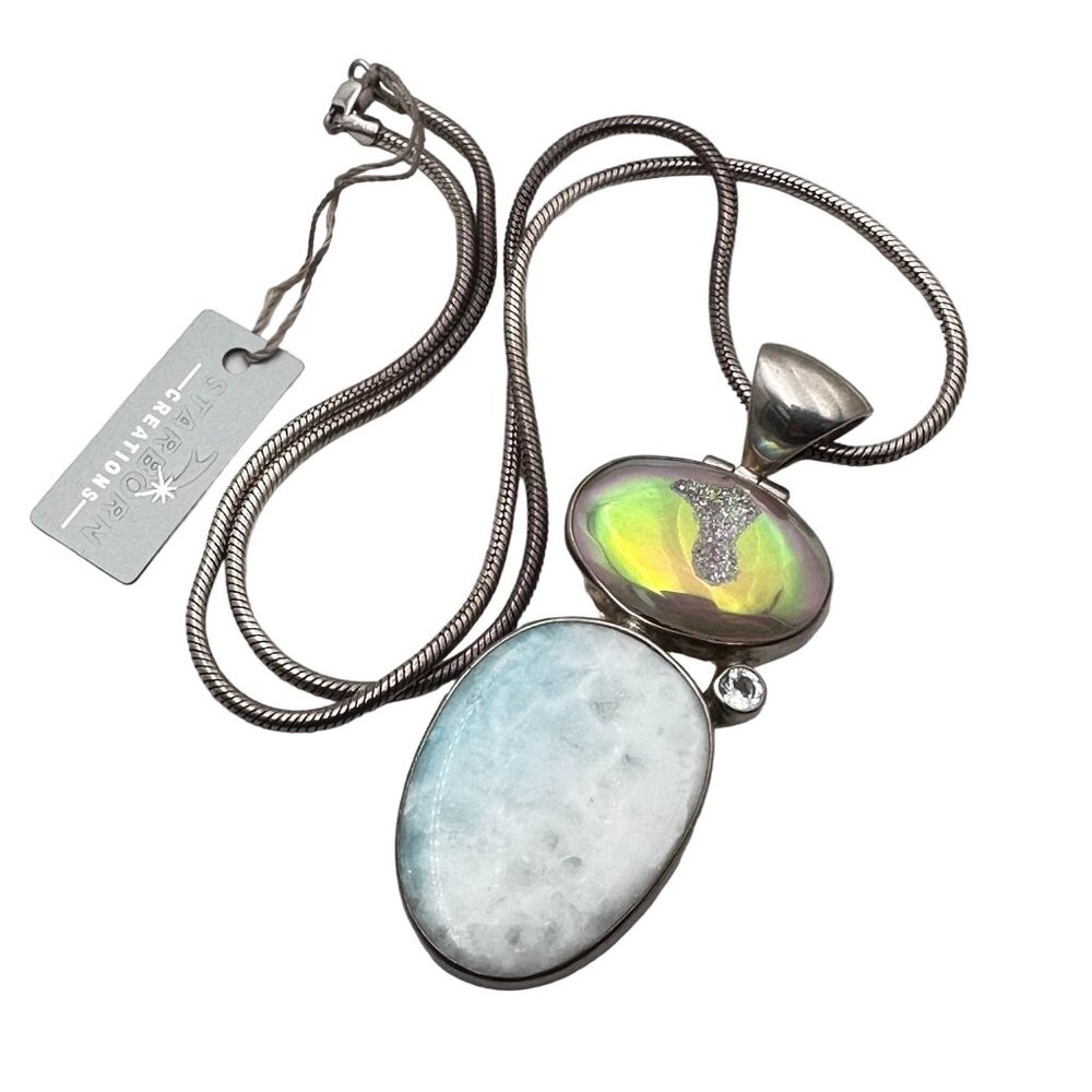 Starborn Womans Necklace White Topaz Druzy Quartz Blue Aragonite Sterling Silver
